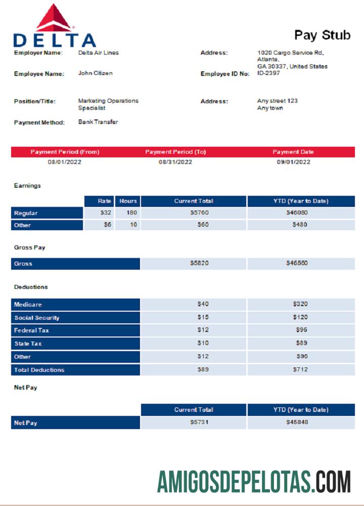 Recibo de pagamento da companhia aérea Delta Air Lines dos EUA exemplo